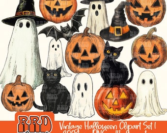 May include: Vintage Halloween clipart set with 14 elements, including ghosts, pumpkins, bats, and black cats. The illustrations are in a hand-drawn style with a vintage aesthetic.