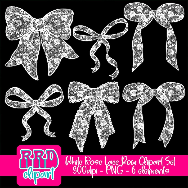 Puede incluir: Conjunto de seis im&aacute;genes de clip art de lazos de encaje blanco. Los lazos son de varias formas y tama&ntilde;os, con un delicado patr&oacute;n floral. El clip art es perfecto para agregar un toque de elegancia a cualquier proyecto.