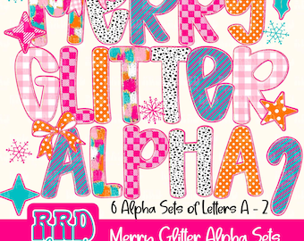 Preppy Pink Christmas Alphabet, Glitter Christmas Font PNG, Preppy Gingham Alphabet PNG,Grandmillennial Alpha Set,Coquette Christmas Clipart