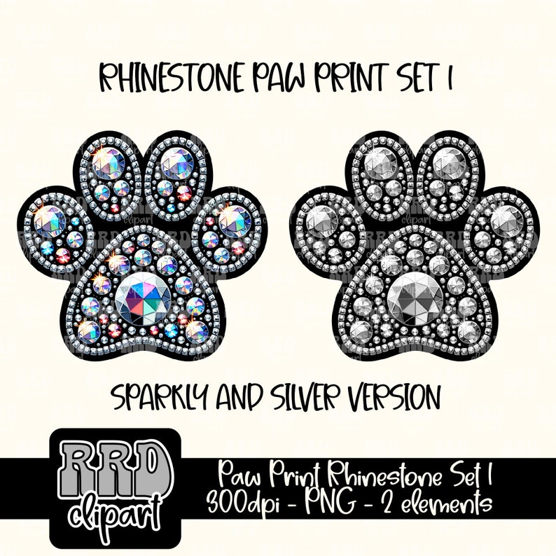 May include: Two paw print designs, one with sparkly rhinestones and one with silver rhinestones.  The paw prints are black and white and are 300dpi PNG images.  Paw Print Rhinestone Set I.