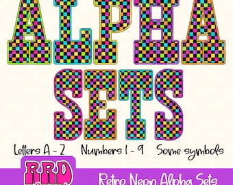 Retro Neon Checker Alpha Set, Preppy Rainbow Alphabet PNG clipart, Varsity Alpha PNG, Retro Sport Alpha Set, Spirit Letters Alpha PNG