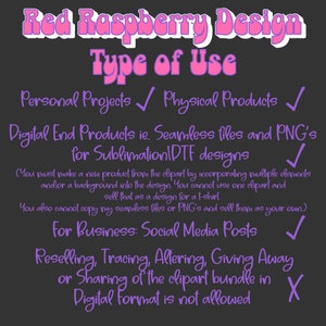 May include: A purple and pink text graphic on a dark grey background with the text "Red Raspberry Design" and "Type of Use". The graphic lists the types of use allowed and prohibited for the design, including personal projects, physical products, digital end products, social media posts, and reselling. The graphic also includes check marks and an X to indicate allowed and prohibited uses.