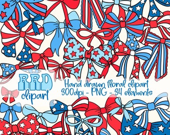 4th of July Coquette Bows Clipart, Red White Blue Clipart, Coquette Bows Clipart,Patriotic Floral Clipart,Hand Drawn Clipart,Fourth of July