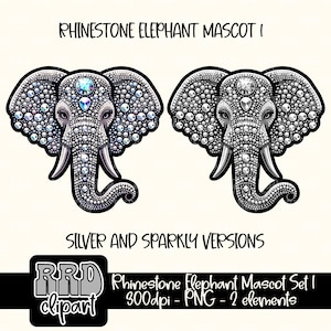 May include: Two digital illustrations of a silver and sparkly rhinestone elephant mascot. The elephant is facing forward with its trunk down. The text "Rhinestone Elephant Mascot I" and "Silver and Sparkly Versions" is above the images. The text "Rhinestone Elephant Mascot Set I 300dpi - PNG - 2 elements" is below the images.