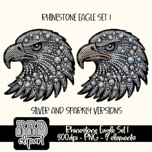 May include: Two rhinestone eagle head designs, one in silver and one with sparkly accents. The designs are made of rhinestones and are perfect for crafting projects.