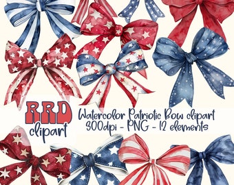 4th of July Coquette Bows Clipart, Red White Blue Watercolor Clipart, Coquette Bows Clipart,Patriotic America Clipart,Fourth of July Clipart