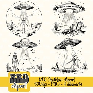 May include: Four black and white illustrations of skeletons in the desert being abducted by UFOs. The skeletons are in various poses, including standing, sitting, and lying down. The UFOs are hovering above them, emitting beams of light.