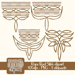 May include: Four brown line art designs of rope knot patterns. The designs are in a simple, minimalist style. The text "Rope Boot Stitch clipart 300dpi - PNG - 4 elements" is at the bottom of the image.