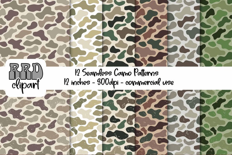 May include: A collection of 12 seamless camo patterns in various color schemes, each 12 inches wide. The patterns feature organic shapes in shades of brown, green, and tan. The image includes the text "12 Seamless Camo Patterns" and "commercial use."