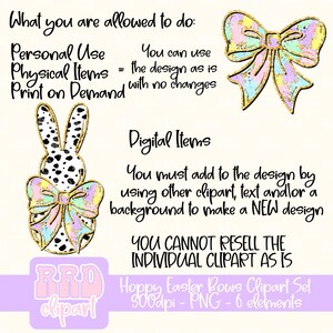 May include: A set of six Easter-themed digital clipart images featuring pastel-colored bows with gold glitter accents. The clipart is 300 dpi and in PNG format. The text "Hoppy Easter Bows Clipart Set 300dpi - PNG - 6 elements" is included in the image.