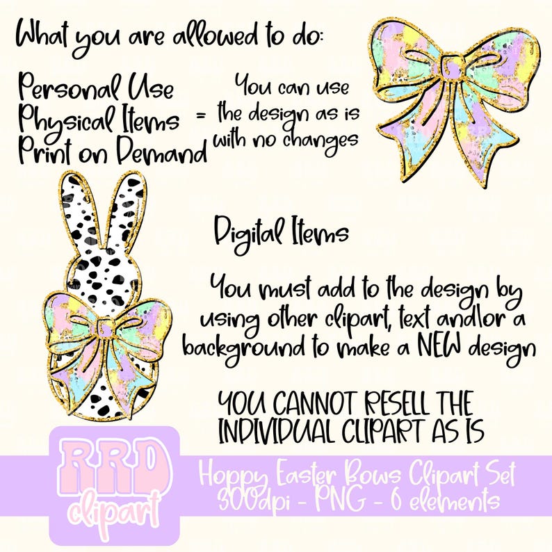 May include: A set of six Easter-themed digital clipart images featuring pastel-colored bows with gold glitter accents. The clipart is 300 dpi and in PNG format. The text "Hoppy Easter Bows Clipart Set 300dpi - PNG - 6 elements" is included in the image.