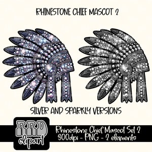 May include: Two digital images of a silver and sparkly Native American headdress. The headdress is made of rhinestones and has a black feather design. The text "Phinestone Chief Mascot Set 2" is at the bottom of the image.