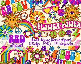 May include: A set of 59 hand-drawn retro clipart elements in PNG format. The clipart features a variety of colorful images, including flowers, peace signs, rainbows, suns, hearts, lightning bolts, and text that says "Stay Groovy", "Flower Power", "Good Vibes", and "RBD clipart".