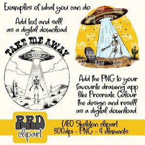 May include: Black and white illustration of a skeleton standing in a desert landscape with a UFO hovering above. The UFO has a beam of light shining down on the skeleton. The text "TAKE ME AWAY" is written in a circle around the UFO. The image is labeled "UFO Skeleton clipart 300dpi - PNG - 4 elements".