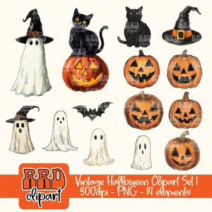 以下が含まれることがあります： ゴースト、カボチャ、黒猫、コウモリなど、ヴィンテージなハロウィーンのクリップアート画像14点セット。画像はカートゥーンスタイルで描かれており、ハロウィーンのプロジェクトに不気味な雰囲気を加えるのに最適です。