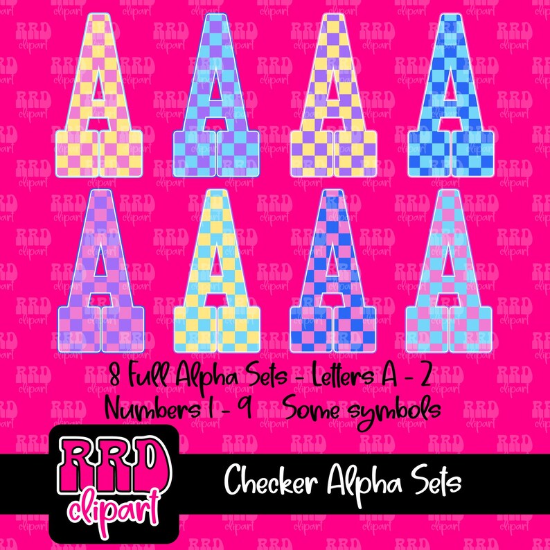 May include: A digital graphic featuring eight letter "A" designs in a checkerboard pattern. The letters are in various colors, including pink, blue, yellow, and purple. The image also includes the text "Checker Alpha Sets".