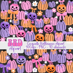 May include: A digital clipart set of 70 Halloween themed images. The images feature pumpkins in various colours, including orange, pink, purple, and white. The pumpkins have different facial expressions, including smiling, frowning, and surprised. Some pumpkins have bows and stars. The text "Coquette Halloween clipart 300dpi - PNG - 70 elements" is at the bottom of the image.