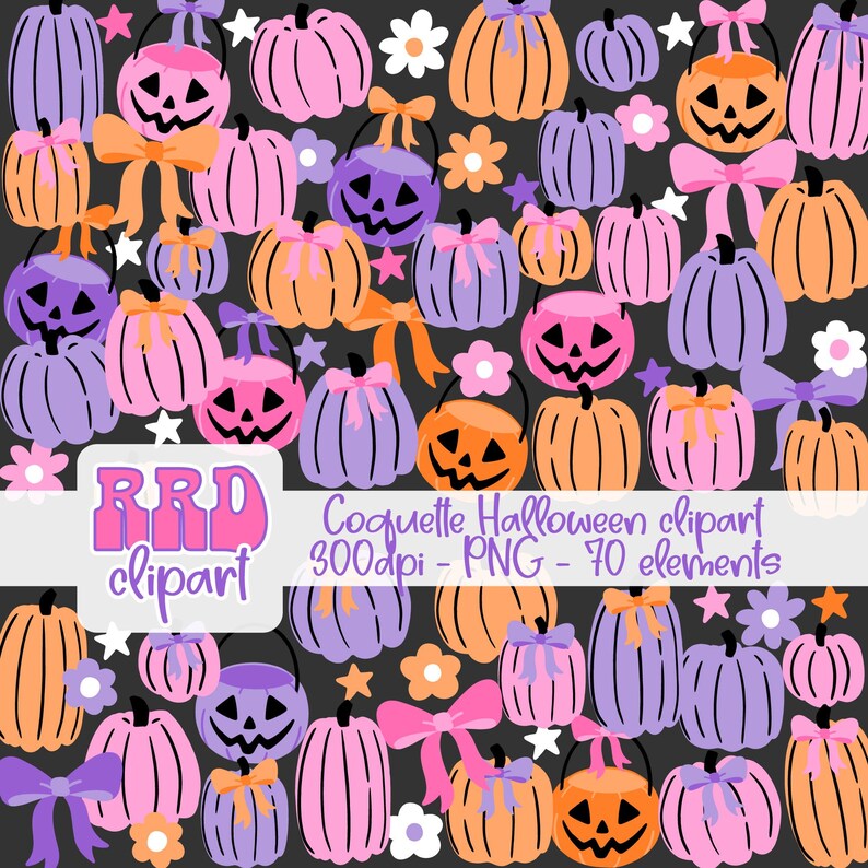 May include: A digital clipart set of 70 Halloween themed images. The images feature pumpkins in various colours, including orange, pink, purple, and white. The pumpkins have different facial expressions, including smiling, frowning, and surprised. Some pumpkins have bows and stars. The text "Coquette Halloween clipart 300dpi - PNG - 70 elements" is at the bottom of the image.