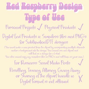 May include: A pink and white graphic with the text "Red Raspberry Design" and "Type of Use". The graphic lists the allowed and prohibited uses for the design, including personal projects, physical products, digital end products, social media posts, and reselling.