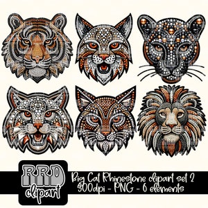 Könnte beinhalten: Ein Set aus sechs Strass-Cliparts mit Großkatzen-Motiven. Das Set umfasst einen Tiger, einen Bobcat, einen Leoparden und einen Löwen, jeweils in einem detaillierten, juwelenartigen Stil mit orangefarbenen, braunen und silbernen Strasssteinen. Die Designs sind vor einem cremefarbenen Hintergrund.
