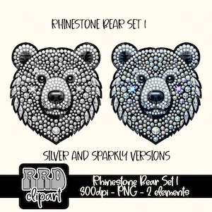 Puede incluir: Dos diseños de cabeza de oso de pedrería plateados y brillantes con narices y orejas negras. El texto "RHINESTONE BEAR SET I" está en la parte superior y "SILVER AND SPARKLY VERSIONS" debajo. La imagen también incluye el texto "RRD clipart" y "Rhinestone Bear Set I 300dpi - PNG - 2 elementos".