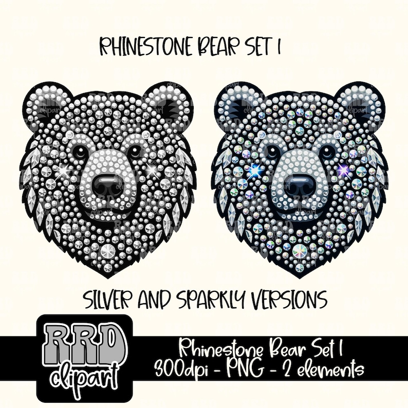 Pu&ograve; includere: Due disegni di testa di orso con strass argentati e scintillanti con nasi e orecchie neri. Il testo "RHINESTONE BEAR SET I" &egrave; in alto e "SILVER AND SPARKLY VERSIONS" sotto. L'immagine include anche il testo "RRD clipart" e "Rhinestone Bear Set I 300dpi - PNG - 2 elementi".