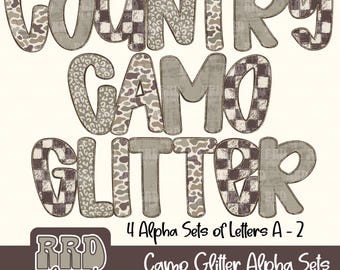 Camo Alpha Set, Duck Camo Font PNG, Preppy Leopard Alphabet PNG clipart, Retro Checker Alpha PNG, Hunting Grunge Alphabet,Glitter Camo Alpha