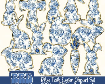 Blue Floral Chinoiserie Bunny Png, Grand Millennial Easter Png Clipart, Blue Toile Easter Rabbit Png, Easter Coquette, Blue Toile Bunny png