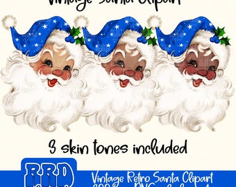 May include: Three vintage Santa Claus faces with blue hats and white beards. The faces have different skin tones. The image includes the text "Vintage Retro Santa Clipart 300dpi - PNG - 3 elements".