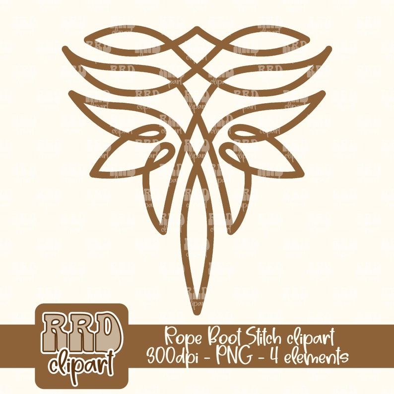 May include: A brown line drawing of a rope knot design. The design is symmetrical and has a pointed bottom. The image is labelled "Rope Boot Stitch clipart 300dpi - PNG - 4 elements".