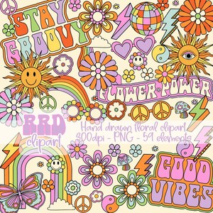 May include: A set of 59 hand-drawn retro clipart elements in a groovy style. The clipart includes flowers, peace signs, rainbows, suns, lightning bolts, hearts, and text that says "Stay Groovy", "Flower Power", "Good Vibes", and "RRD clipart".