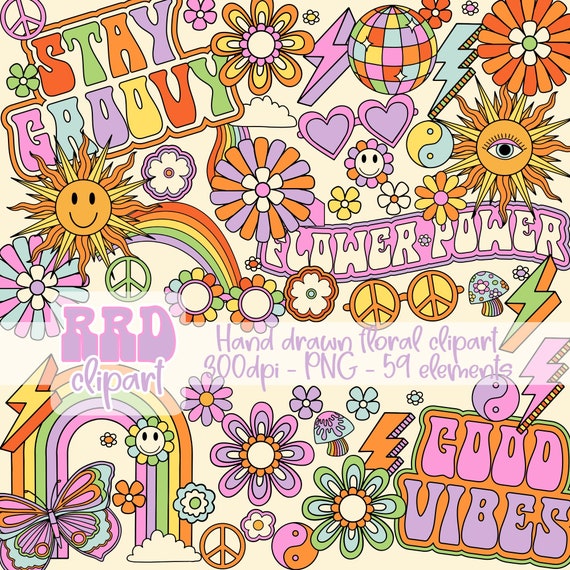 Groovy Retro Clipart for Commercial Use, Rainbow Floral Clipart, Retro Floral Clipart, Good Vibes Clipart, Floral PNG,Hand Drawn Clipart PNG