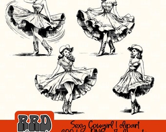 Retro Cowgirl Clipart Bundle, 50's Retro Cowgirl Graphics, Vintage Cowgirl Clipart, Retro Cowboy Clipart,Commercial Use Clipart,Coquette PNG