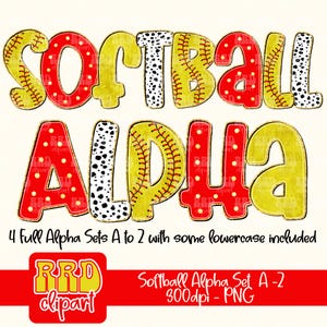 Könnte beinhalten: Softball-Alphabet-Clipart-Set in Rot, Gelb und Schwarz mit weißem Tupfenmuster. Die Buchstaben sind so gestaltet, dass sie wie ein Softball aussehen. Der Text "Softball Alpha Set A-2 300dpi - PNG" ist im Bild enthalten.