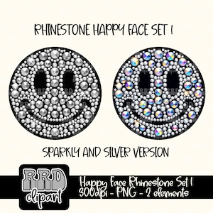Pu&ograve; includere: Due disegni di faccine felici realizzati con strass. Un disegno &egrave; argentato e l'altro &egrave; scintillante. Il testo "Rhinestone Happy Face Set I" e "Sparky and Silver Version" &egrave; incluso nell'immagine.