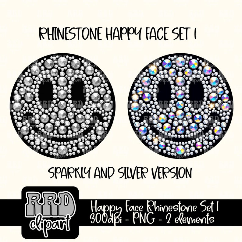 Pu&ograve; includere: Due disegni di faccine felici realizzati con strass. Un disegno &egrave; argentato e l'altro &egrave; scintillante. Il testo "Rhinestone Happy Face Set I" e "Sparky and Silver Version" &egrave; incluso nell'immagine.