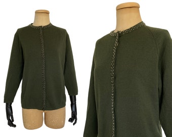 Vintage 1960s Cardigan by Harold Raiher of Mayfair| 60s Beaded Cardigan in Forest Green (S)