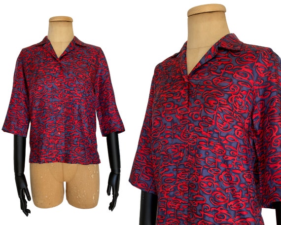 Vintage 1960s Short Sleeve Shirt | Magoo Red Abst… - image 1