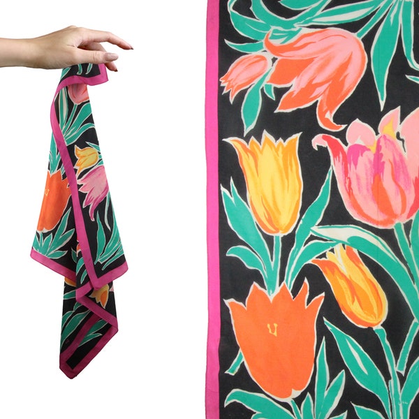 écharpe vintage des années 1970 | 70s Honey Floral Tulip Prints 30.5" Square Mid Century Foulard