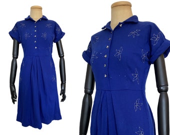 Vintage 1940s Blue Dress by Carole King | 40s Dress with Floral Stitches (S)