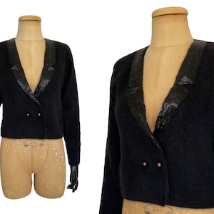 Vintage 1990s Cardigan by  I.B. Diffusion | 90s Black Beaded Angora Cardigan (S)