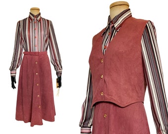 Vintage 1970s Dress | 70s Deadstock Pink Dress and Vest Set by Ms. Sugar (M)