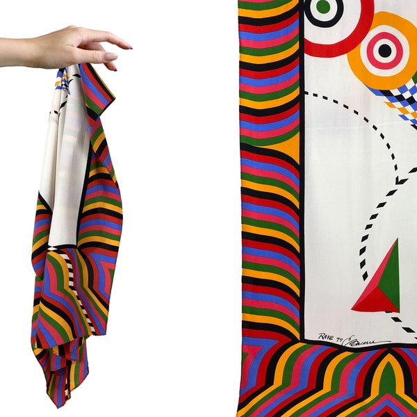 Vintage 1980s Rainbow Geometric Print Scarf by Bacerse | 80s Silk Oblong Scarf