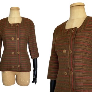 Vintage 1960s Blazer | 60s Brown Herringbone Square Neckline Blazer (M)
