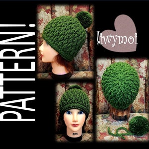 May include: A green crochet hat with a pom pom on top. The hat is shown on a mannequin and on a flat surface. The text "liwymoi" is visible in the image.