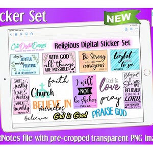 May include: A digital sticker set with religious quotes and phrases. The stickers are in a variety of colors and feature floral designs. The stickers are designed for use in GoodNotes.