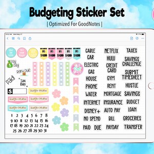 May include: A set of colorful budgeting stickers for GoodNotes. The stickers include categories like cable, car, electric, gas, house, phone, water, internet, Disney+, no spend, paid due, payday, and transfer. There are also stickers for Netflix, Hulu, credit card, gym, rent, mortgage, insurance, auto pay, bill, and groceries. The stickers are designed to help you track your spending and stay on budget.