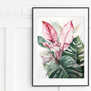 Green And Pink Tropical Leaves Wall Art Print, botanical wall art, wall art printable, digital download art