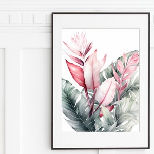 Pink And Green Tropical Plant Wall Art, wall art print, digital download art print, printable art