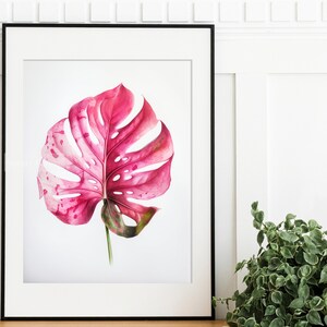 Pink Monstera Leaf Art Print, tropical leaf wall art, botanical wall art, digital download art printable